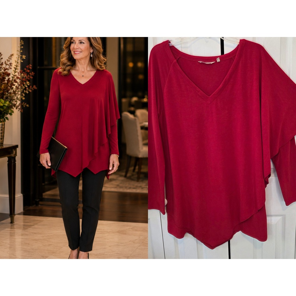 Soft Surroundings Knit Sweater Sz L V-Neck Asymmetrical Red Viscose Blend EUC